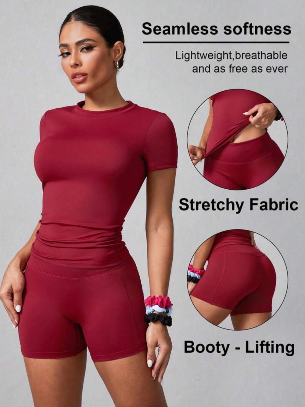 Women’s stretchy but tight fitting workout set with shorts and top
